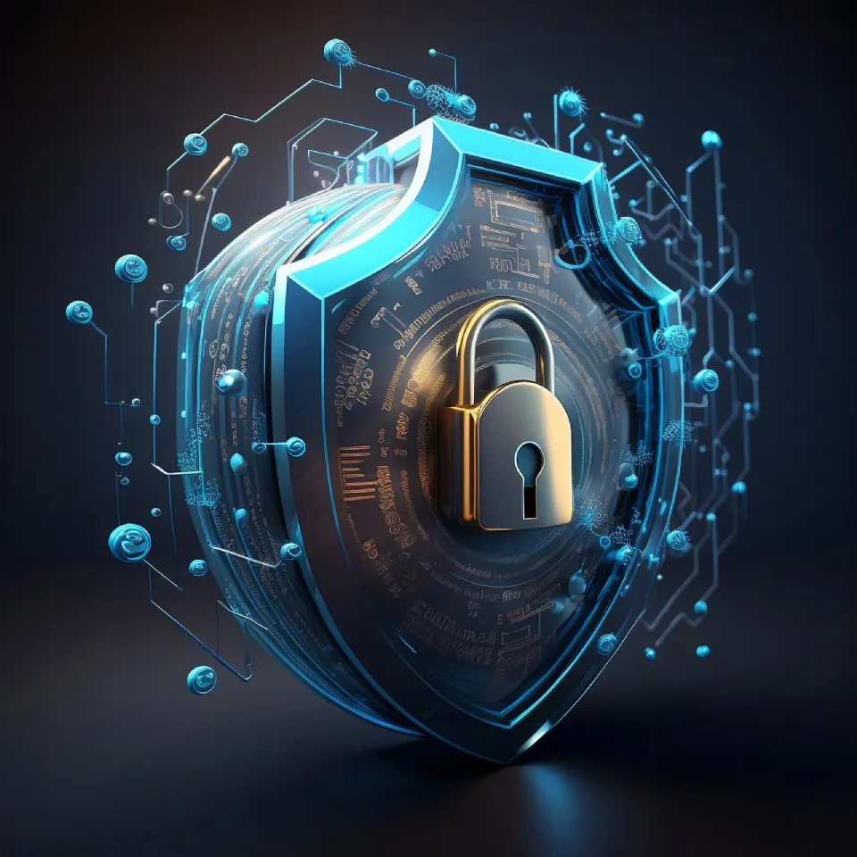 Shield and padlock symbolizing cybersecurity and digital protection.