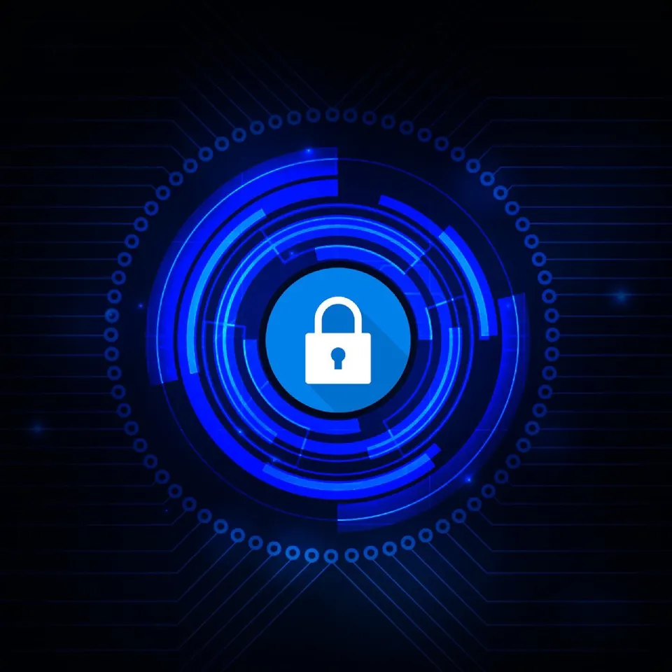 Lock symbol on a blue circular tech interface.