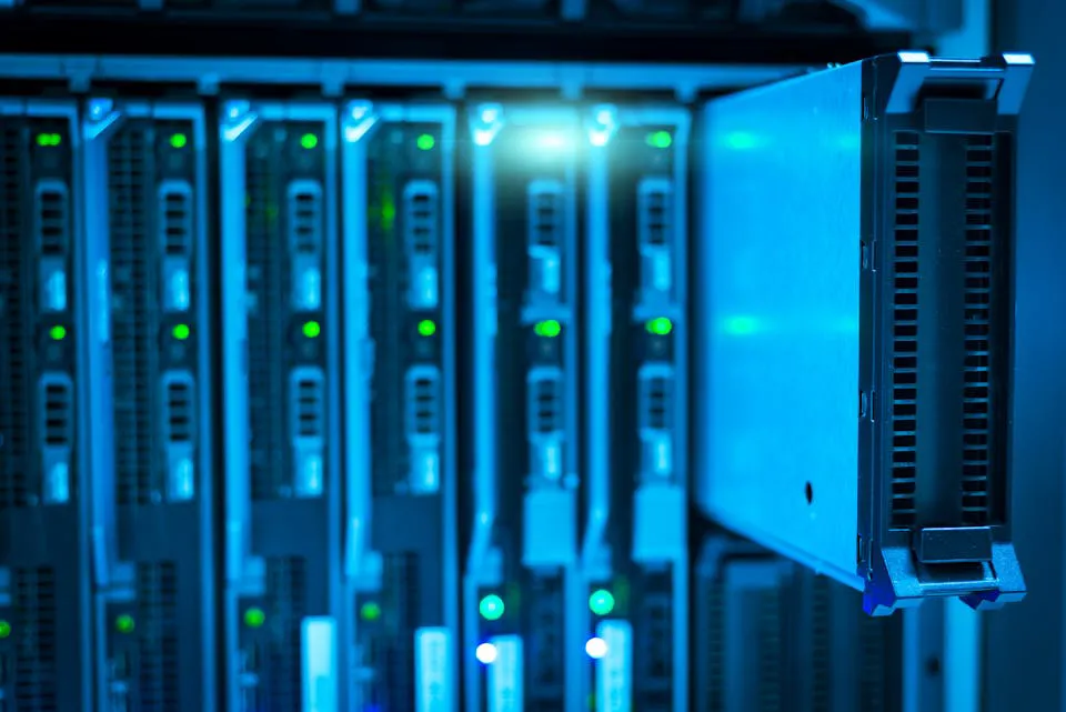 Rows of blue server racks with a highlighted drive