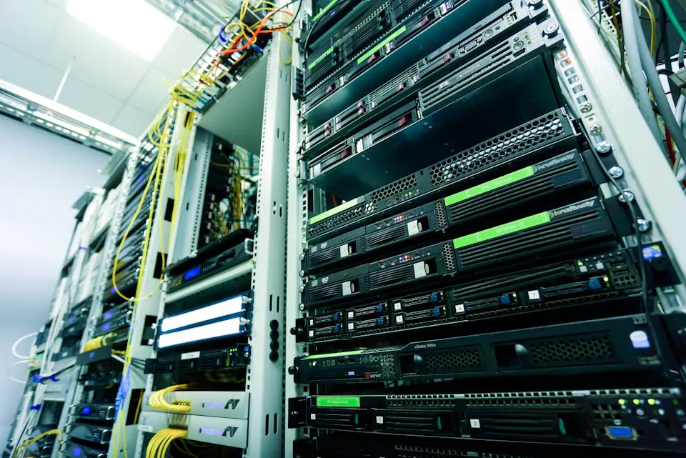 Rows of server racks with connected cables.